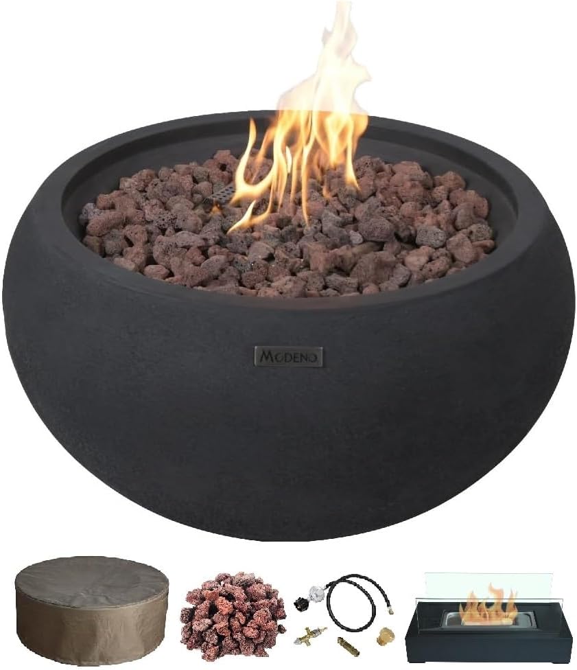 AMS Fireplace | Modeno | York | Firepit Table | Cover and Lava Rocks Included | (Fuel: Natural Gas - Black)
