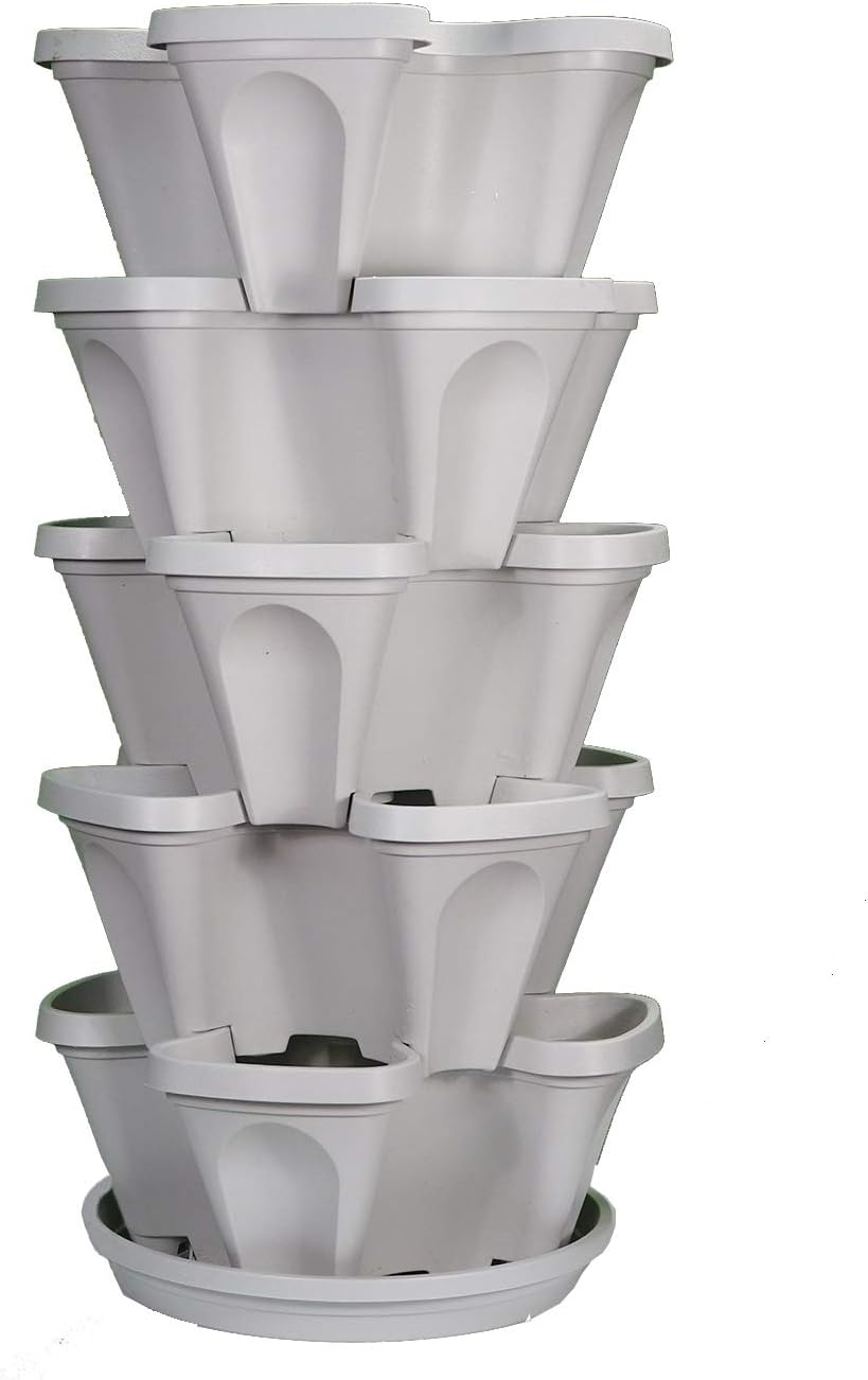 Mr. Stacky© 5-Tier 13 inch Wide - (Stone Color) Strawberry and Herb Garden Planter - Stackable Gardening Pots with 10 Inch Saucer