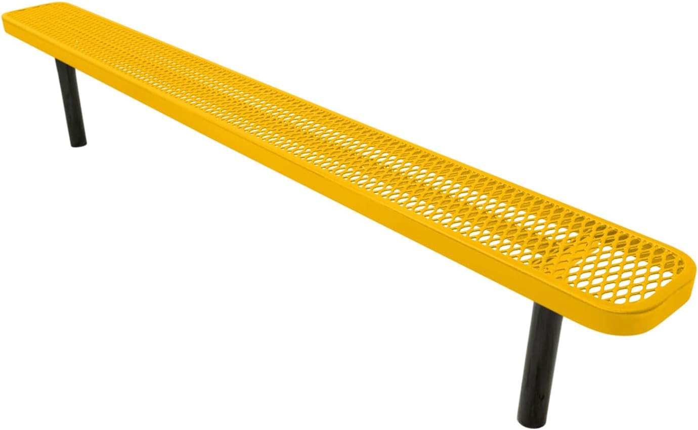 Heavy-Duty Outdoor Bench Thermoplastic Coated, Expanded Metal, Commercial-Grade Seating, Made in America (Inground Without Back, 8 Ft, Textured Yellow)