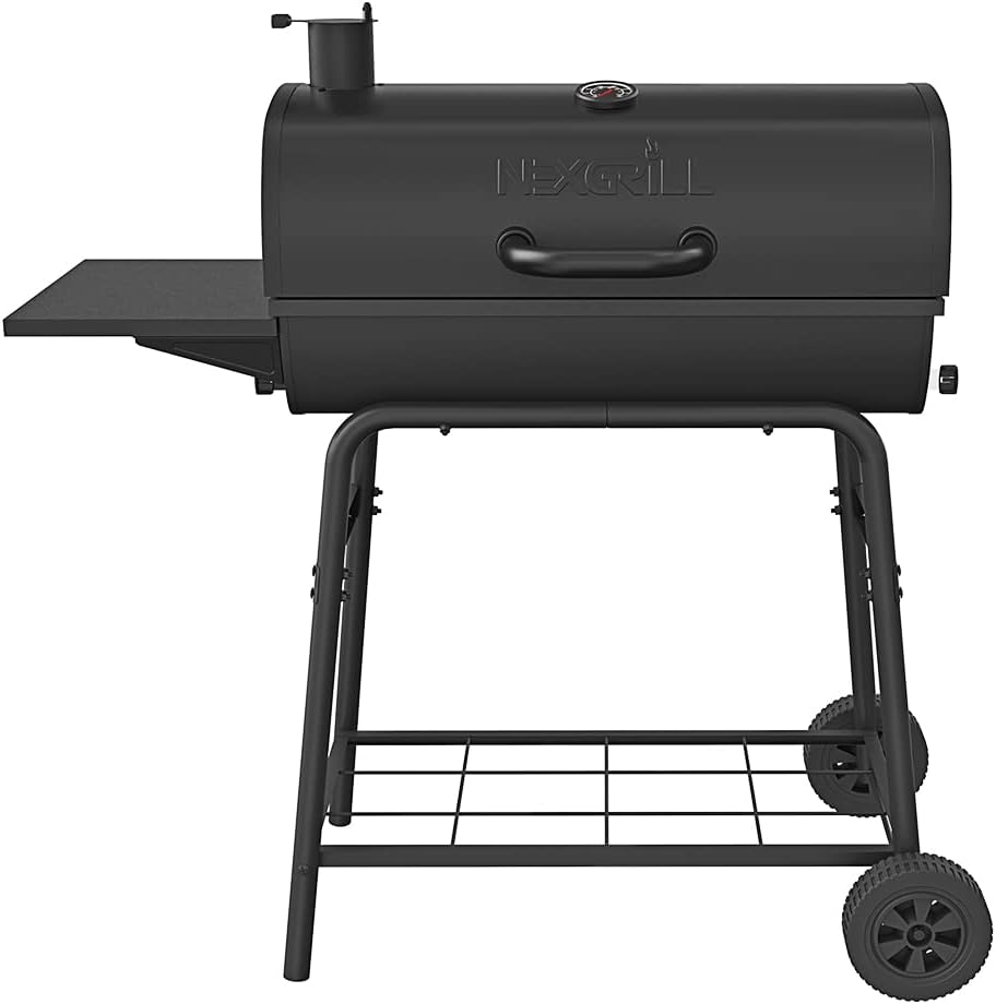 Nexgrill Premium 29" Charcoal Grill with Side Shelf, 552 SQ In Cooking Space, Adjustable Charcoal Tray, Chimney Air Vent, Warming Rack, Barrel Smoker Grill for Camping, Picnics, and More - 810-0029C