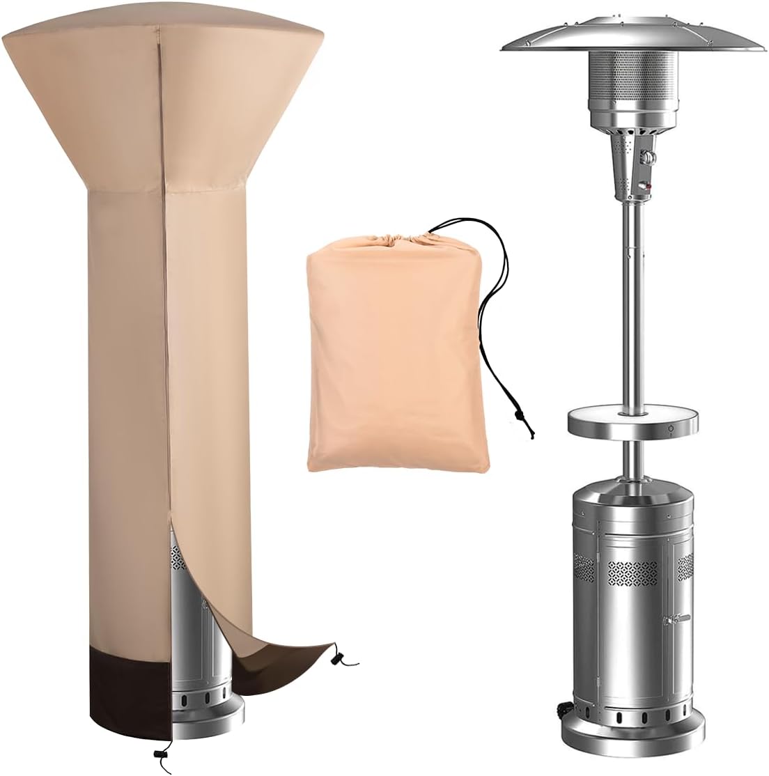 Vailge Patio Heater Covers with Zipper and Storage Bag,Heavy Duty 600D Oxford Waterproof Outdoor Heater Cover Wind-Resistant Dustproof UV-Resistant,Beige & Brown,89'' Height x 33" Dome x 19" Base