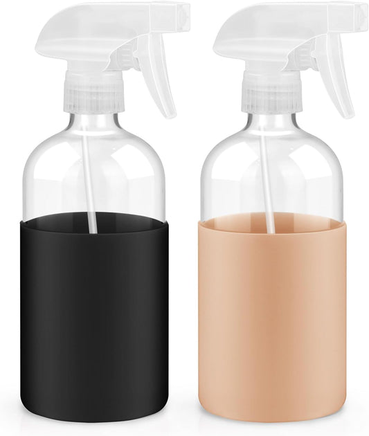 2 Pack Glass Spray Bottles with Long Silicone Sleeve, 16 oz Empty Refillable Containers with Adjustable Spray Nozzles, Spray Bottles for Hair, Cleaning Solutions and Plants khaki&Black