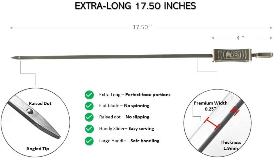 Stainless Steel Skewers | 17.5" Long for Grilling with Slider | Set of 8 | Kabob BBQ Skewers |Kebab | Reusable | Dishwasher Safe |