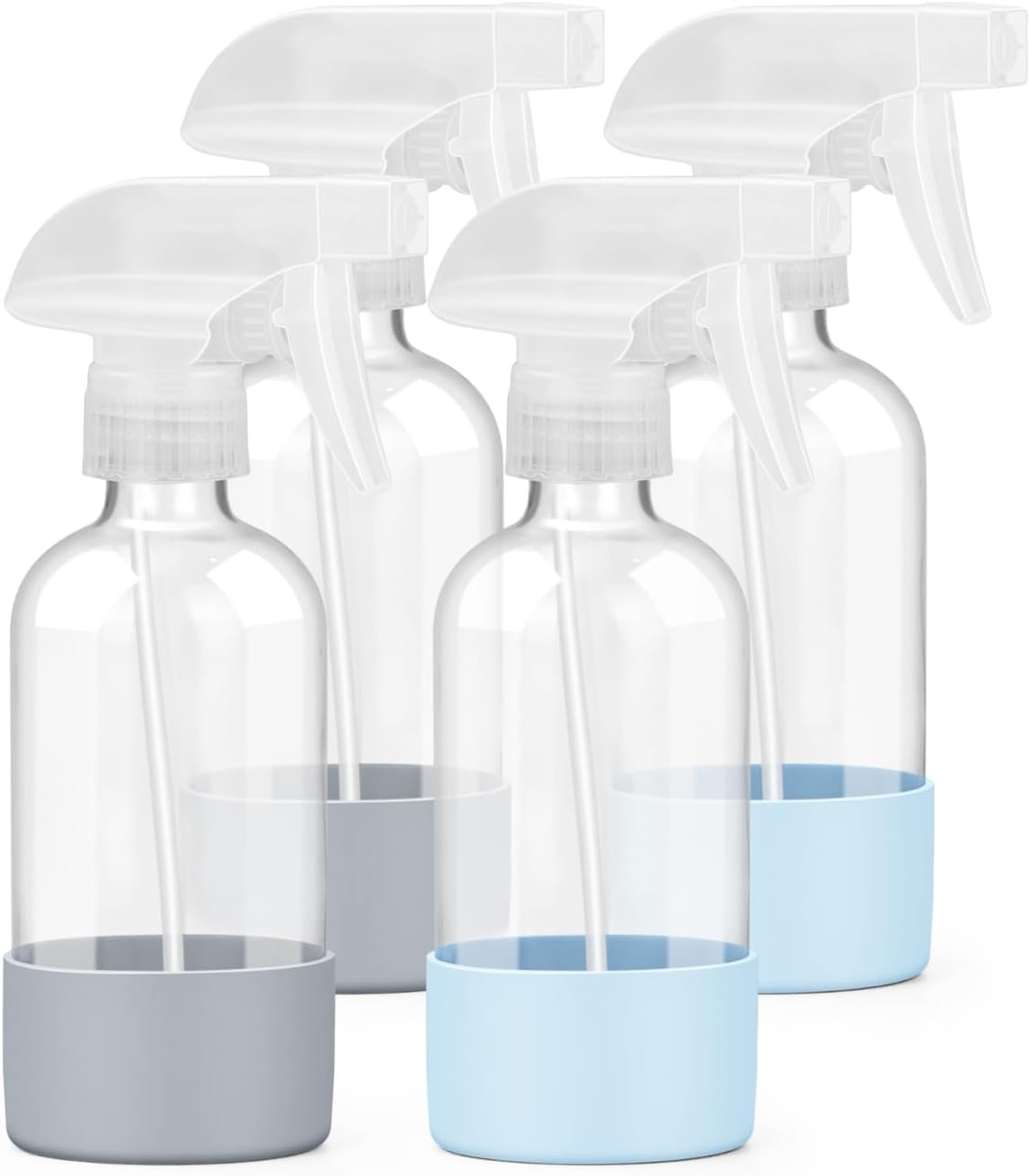 4 Pack Glass Spray Bottles 8 oz, Empty Refillable Containers with Silicone Sleeve Protection, Glass Spray Bottles for Cleaning Solutions, Hair and Plants with Adjustable Nozzles Blue&Grey