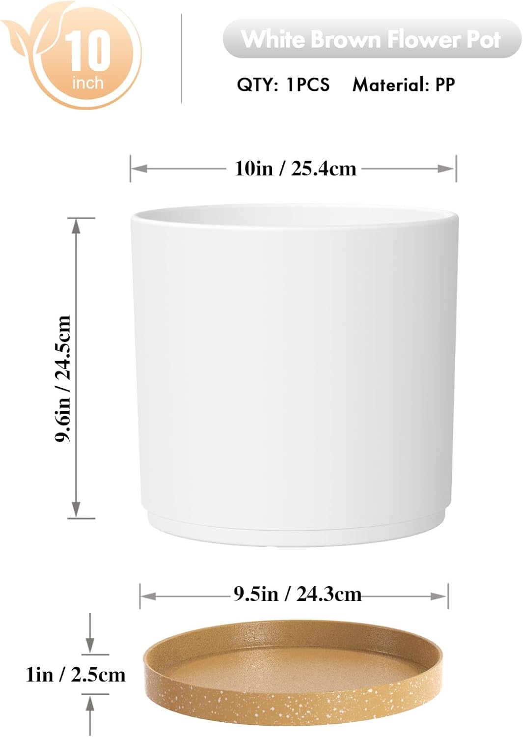 10 Inch Large Flower Pots for Indoor Outdoor Plants, Cylinder Deep Plant Pots with Drainage Holes and Saucer, Big Decorative Plastic Planter Pots for Garden House Plants, White with Brown