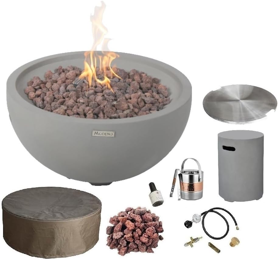 AMS Fireplace | Modeno Nantucket Package | Light Gray Liquid Propane Gas Fire Pit Table for Outside Patio Bundle with Tank Cover and SS Burner Lid | Free Ice Bucket