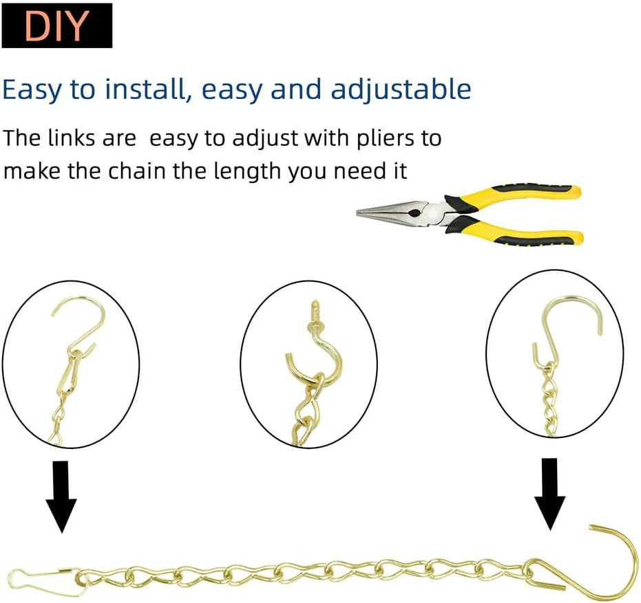 236 Inch Gold Hanging Baskets Chains - Adjustable Length, Brass Decorative Metal Chain with A Great Assortment of Hooks for Hanging Bird Feeders Planters Baskets Billboards Ornaments, Chain Hooks DIY