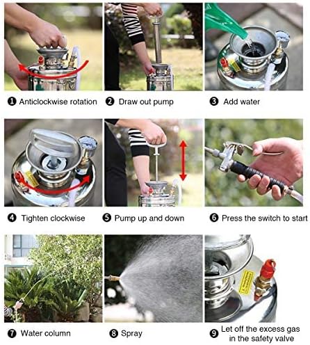 1.5Gal Stainless Steel Pump Up Sprayer Reinforced Hose, Hand Pump Sprayer with Pressure Gauge&Safety Valve, Adjustable Nozzle Suitable for Gardening (1.5 Gallon)