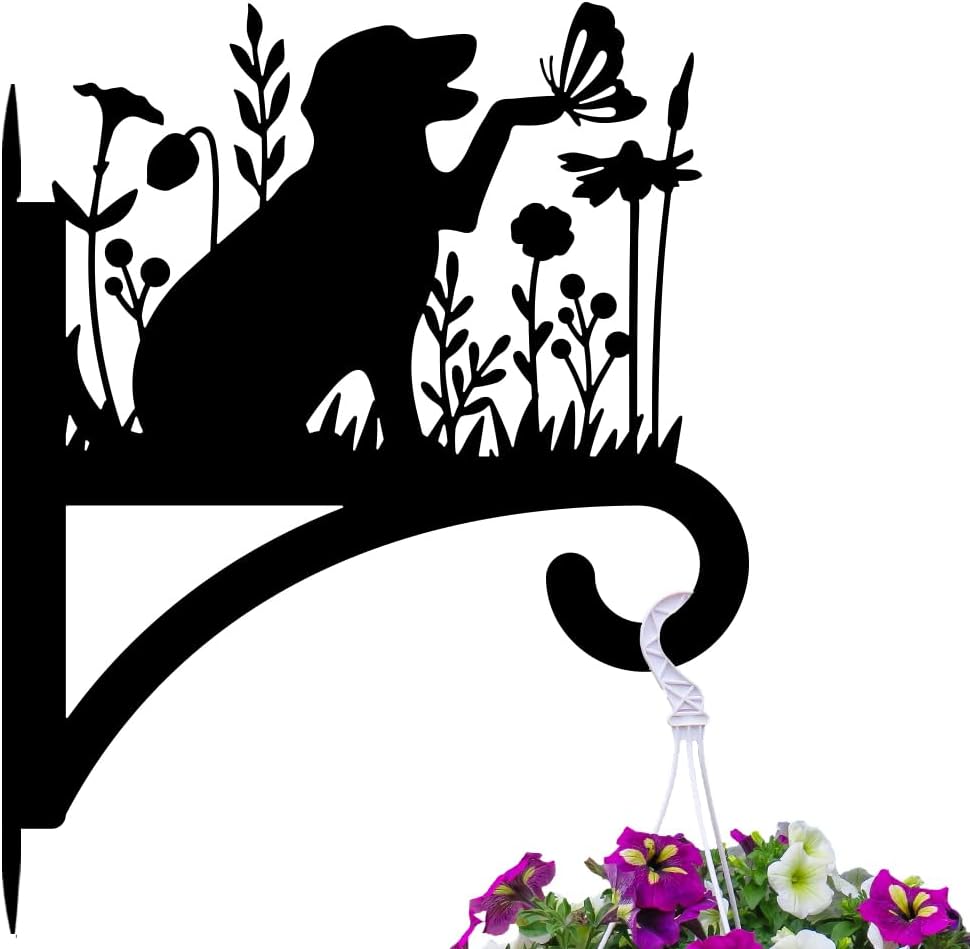Peacoblue Iron Plant Hangers Holder for Outdoor Indoor Hanging Plants Fern Pots, Lantern, Bird Feeder, Wind Chimes, 12”x14” Dog Weather Resistant Metal Wall Brackets Hooks for Porch, Garden, Home(Dog)