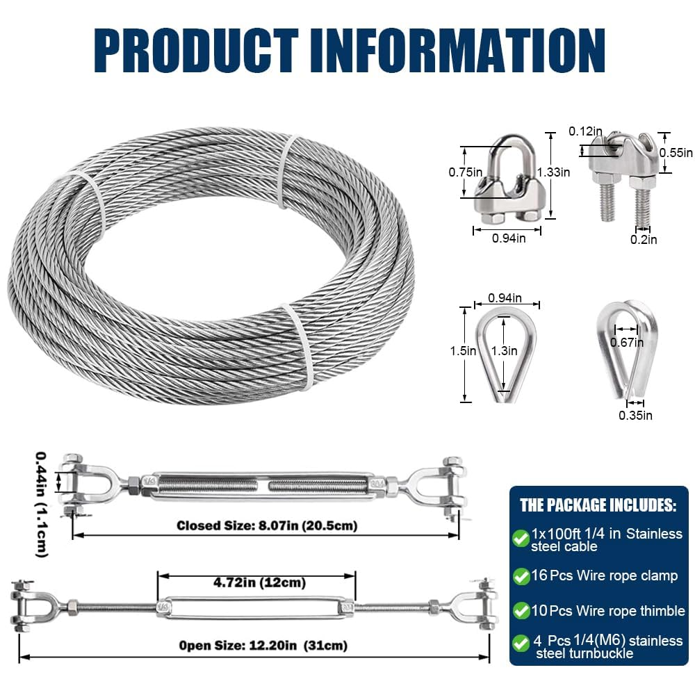 1/4" Wire Rope Kit, 100ft Stainless Steel Cable with 4Pcs 1/4 Turnbuckle, Clamp & Thimble, 7x19 Strands Heavy Duty Metal Cable,1400 lbs Load Limit, Turnbuckles for Cables Wire, Zipline
