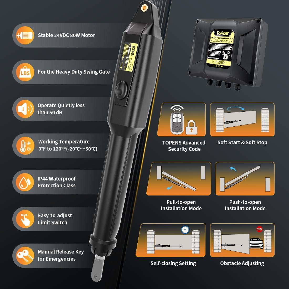 TOPENS XD851 Smart Gate Opener for Heavy Duty Single Swing Gates Up to 18ft, Automatic Gate Opener with App Control AC Powered Remote Control Kit Solar Compatible