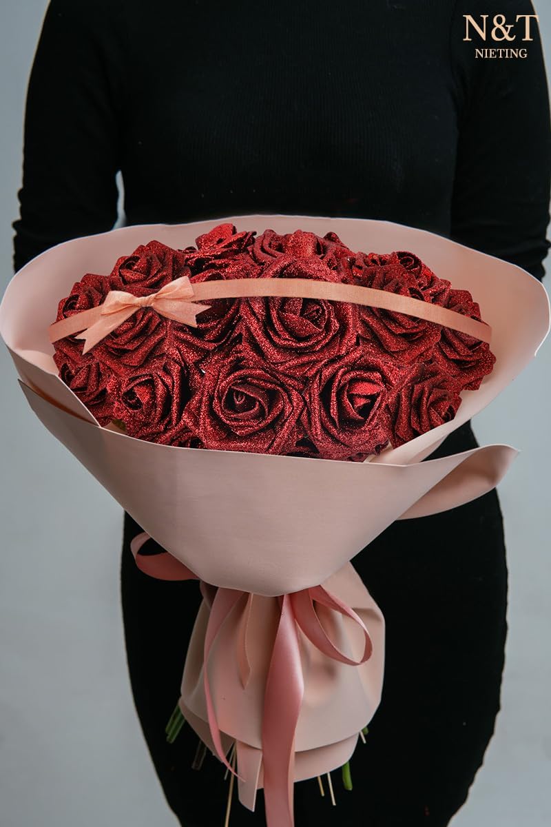 N&T NIETING Artificial Flowers Glowing Red Flowers Foam 25pcs Glitter Roses Real Looking Fake Roses with Stem for DIY Wedding Bouquets Centerpieces Bridal Shower Party Home Decorations
