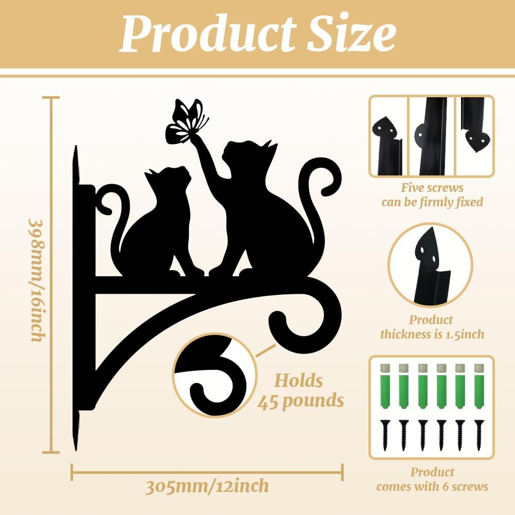 Peacoblue Iron Plant Hangers Hooks for Outdoor Indoor Hanging Plants Fern Pots, Lantern, Bird Feeder, Wind Chimes, 12”x14” Cat Weather Resistant Metal Wall Brackets Holder for Porch, Garden, Home(Cat)