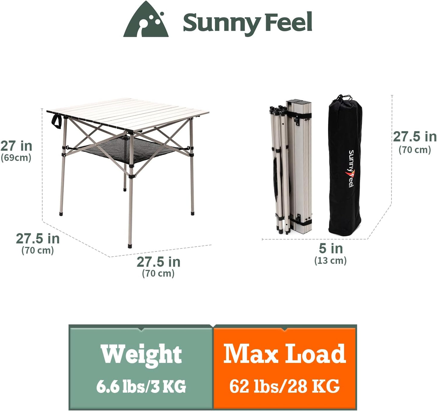 SUNNYFEEL Outdoor Folding Table | Lightweight Compact Aluminum Camping Table, Roll Up Top 4 People Portable Camp Square Tables with Carry Bag for Picnic/Cooking/Beach/Travel/BBQ