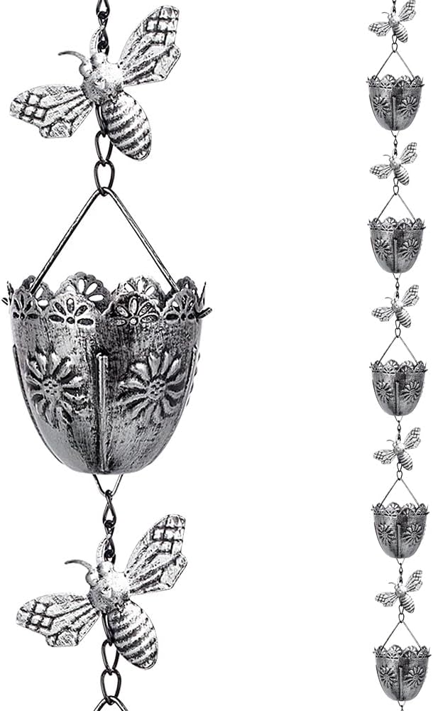 7.8 FT Rain Chain, Metal Rain Gutter Chains with 10 Cups & Detachable Bees Decor, Adjustable Rain Catcher Chain with Bell for Eaves Drainage, Replacement for Downspout
