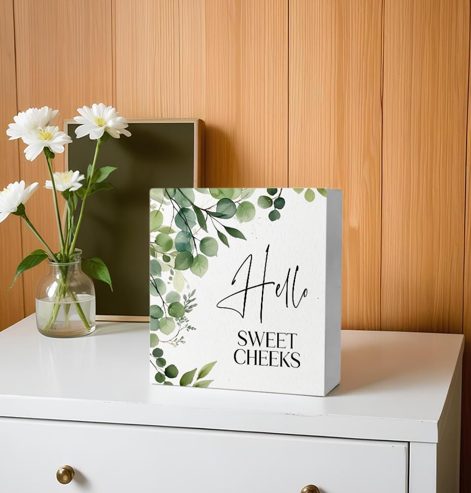 Hello Sweet Cheeks Funny Bathroom Wooden Box Sign, Hello Sweet Cheeks Bathroom Decor, Eucalyptus Botanical Wood Signs Plaque for Restroom Washroom Toilet Counter Shelf Table Decor, 5x5 Inch