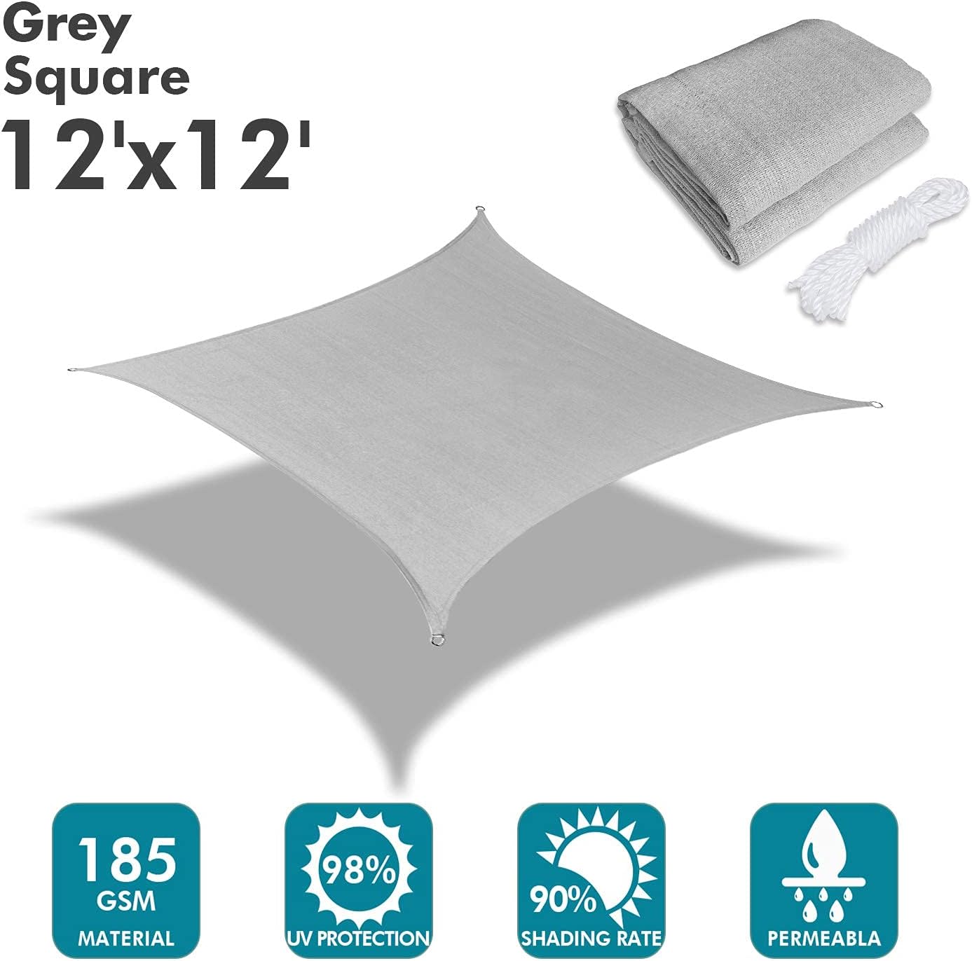 KANAGAWA Sun Shade Sail 12'x12' Gray Square UV Block Canopy Awning Shelter Fabric Cloth Screen for Outdoor Patio Garden Backyard