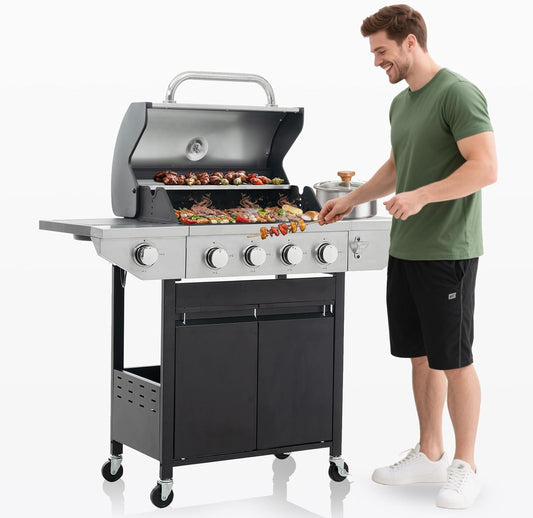 4-Burner Propane Gas BBQ Grill with Side Burner, Porcelain-Enameled Cast Iron Grates and Side Tables, 46,500 BTU Stainless Steel Grill for Outdoor Camping Barbecue Grilling Backyard Cooking