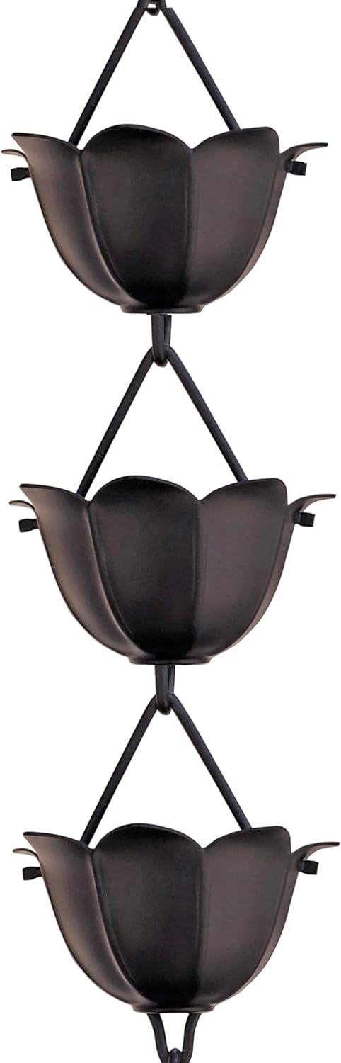 Monarch Rain Chains Pure Aluminum Lotus Cup Rain Chain Extension, 3 ft Black Powder Coated Decorative Rain Catcher Chain for Gutters, Rain Gutter Extension Downspout