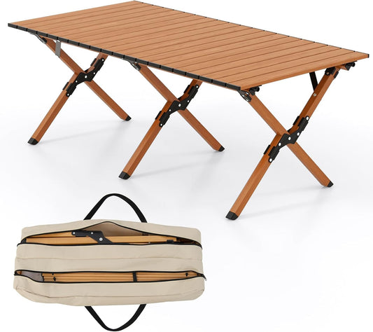 GYMAX Folding Camping Table, Aluminum Roll-Up Picnic Table with Carrying Bag, Portable Low Beach Table for Outdoor Travel, Hiking, Party, BBQ, Backyard