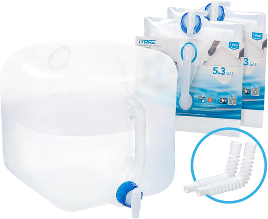 Collapsible Water Container with Spigot, 2×5.3 Gallon BPA Free Camping Water Storage Jug Carrier for Outdoors Hiking Backpack RV&Emergency, Survival Water Canteen-Portable Foldable Transparent