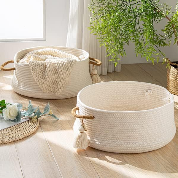 KAKAMAY Woven Baskets for Storage(16"x8"),Blanket Basket for Organizing Living Room,Cotton Rope Basket Woven Baby Laundry Hamper,Collapsible Laundry Room Organization,Clothes,Toy Chest(White)