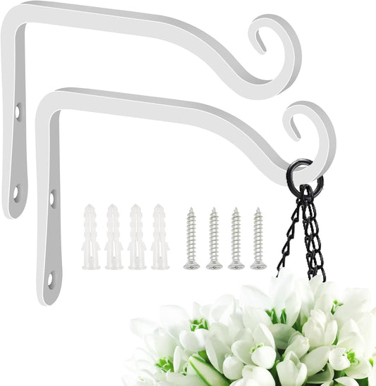 FEED GARDEN Hand-Forged Hanging Plant Bracket Iron Wall Hook for Hanging Bird Feeders, Wind Chimes, Flower Baskets, Lanterns, Yoga Mat, Indoor/Outdoor Use (6 Inch 2 Pack, White, with 4 Screws)