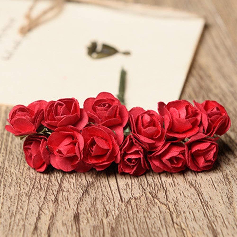 Mini Fake Rose Flower Heads 144pcs Mini Artificial Mulberry Paper Roses Flower with Wire Stem DIY Wedding Flowers Accessories Make Bridal Hair Clips Headbands Dress (Red)