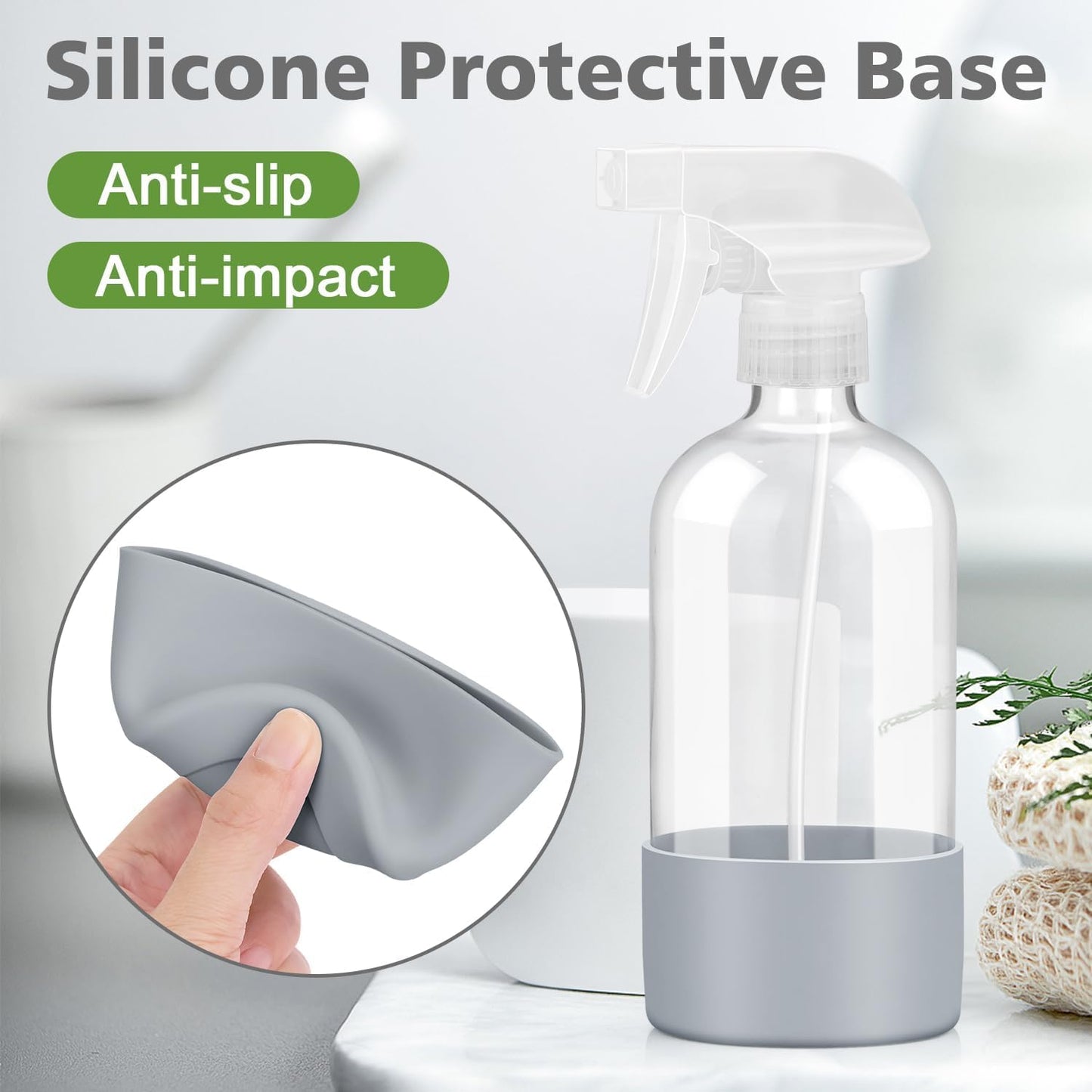 Glass Spray Bottles with Silicone Sleeve Protection, Empty 16 oz Refillable Containers, Reusable Spray Bottles for Hair, Cleaning Solutions, 3 Pack Grey&Pink&Purple