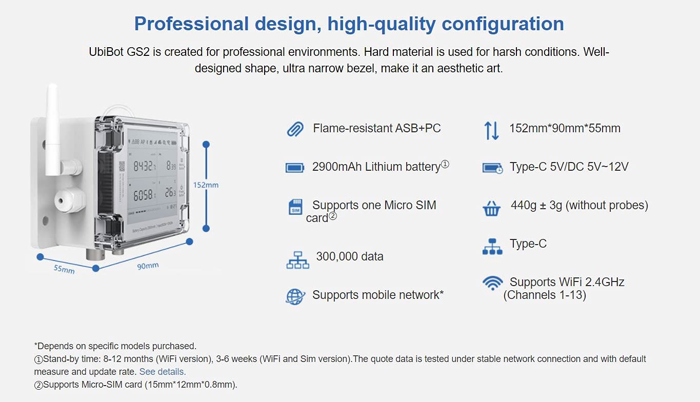 Ubibot Thermometer Hygrometer, Wireless Temperature Data Logger, Remote Humidity Monitor for Refrigerated truck Free App Email Alarm, IFTTT 2.4GHz only (GS2 EC/PH)