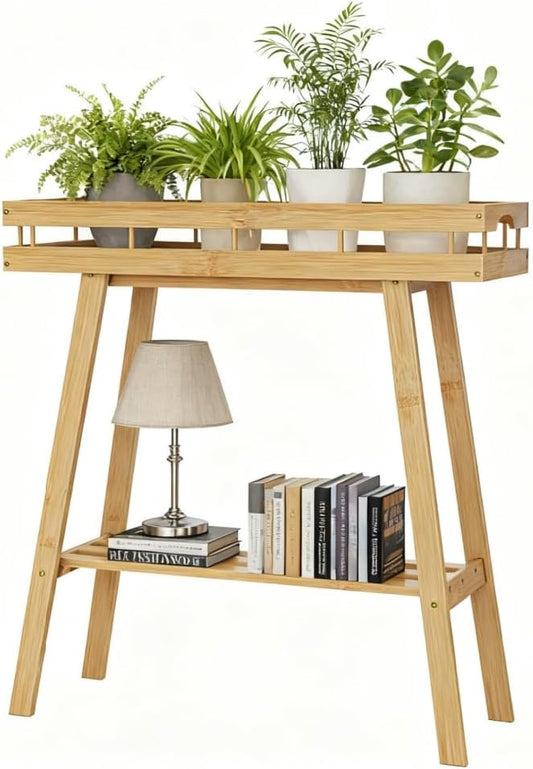 BAMBANG Bamboo Plant Stand Indoor, 2 Tier Small Plant Table, Tall Plant Stand for Indoor Plants, Window Sill Plant Shelf, Flower Pot Holder Plant Bench Plant Rack for Living Room, Natural