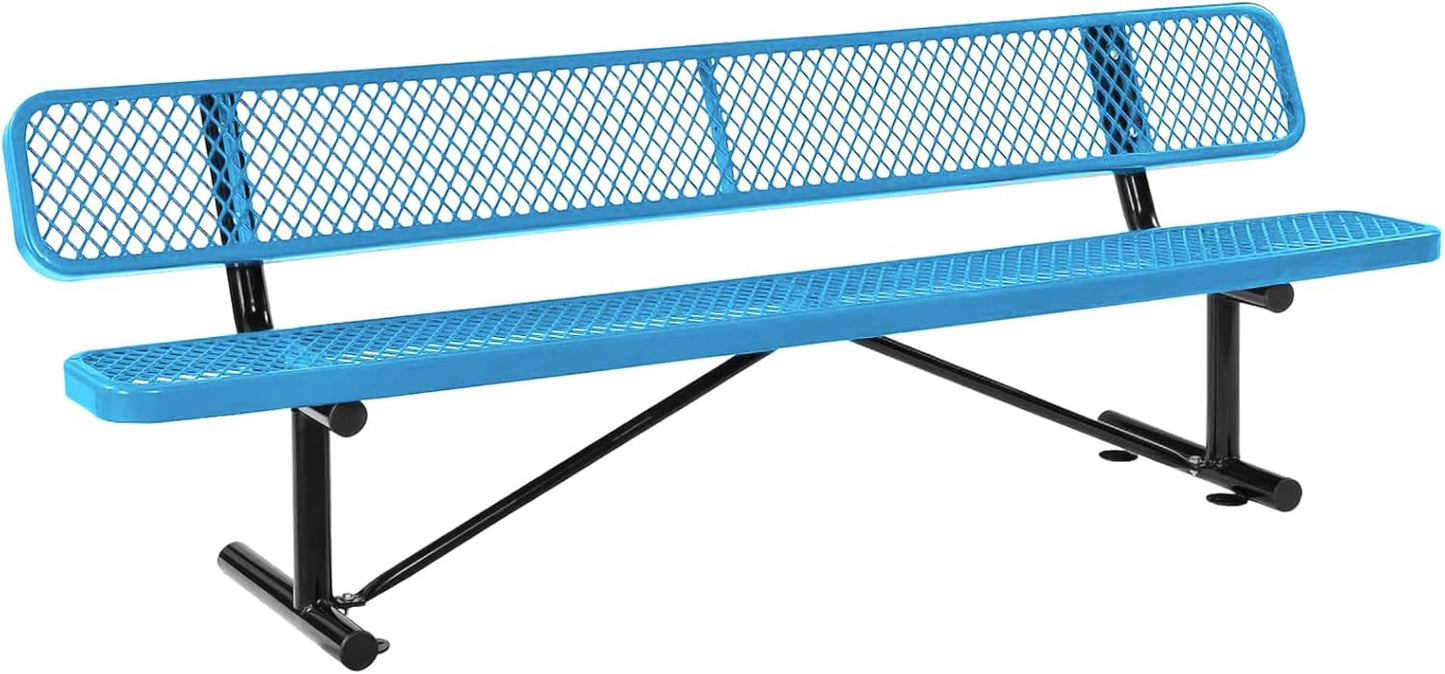 8Ft Outdoor Bench with Back Portable Frame, Outdoor Steel Park Bench with Backrest, Expanded Metal Mesh Bench for Outside, Lawn, Backyard, Park, Garden, Patio, Porch, Blue