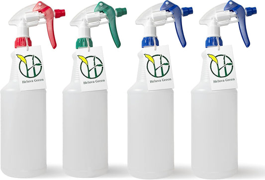 Heavy Duty 32oz Plastic Spray Bottles for Cleaning - Large Empty Industrial Bottles for Gardening Solutions, Vinegar, Chemicals, Professional Cleaners - Adjustable Sprayer Nozzle - 4 Pack