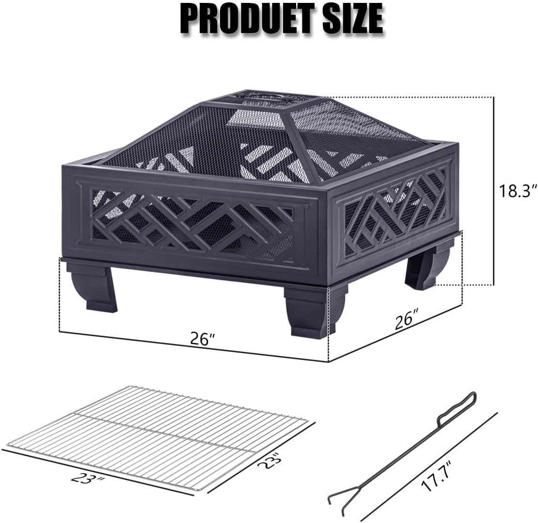 Breezz 26 Inch Wood Burning Fire Pit with Cooking Grill and Spark Screen, Outdoor Metal Firepit for Patio, Backyard, Bonfire Party, Camping and Garden