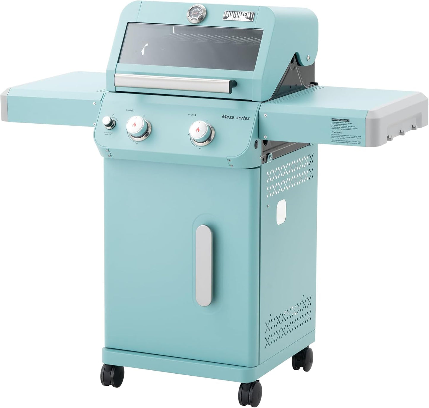 Monument Grills 2-Burner Stainless Steel Liquid Propane Gas Patio Garden Barbecue Grill with Clearview® Lid, Knob Control and Two Foldable Shelves Mesa200G, Green