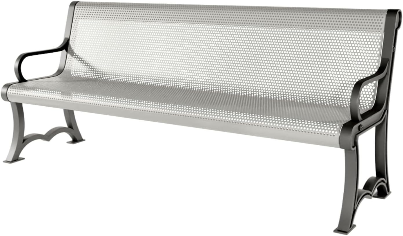 Heavy-Duty Outdoor Bench Thermoplastic Coated, Punched Steel, Commercial-Grade Garden Bench, Made in America (Portable with Back, 6 Ft, Textured Grey)
