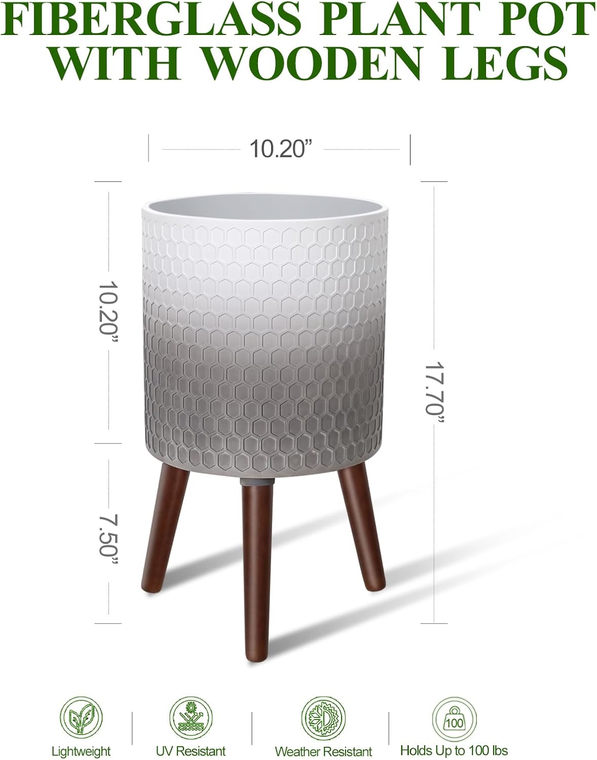 10 Inches Plant Pot with Stand, Large Modern Standing Planters with Drainage Holes for Indoor Plants, White&Gray Flower Pots with Legs