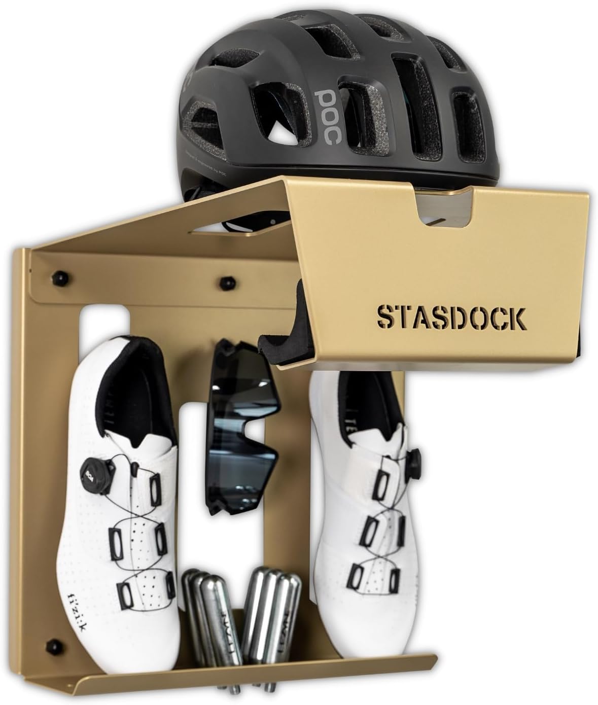 Wall Bike Rack | Bike Storage Wall Mount System | For Race Bicycles (New Gold) and Mountain Bikes | Bike Shelf | Indoor bike wall bracket | Store your helmet and shoes | Home and Garage