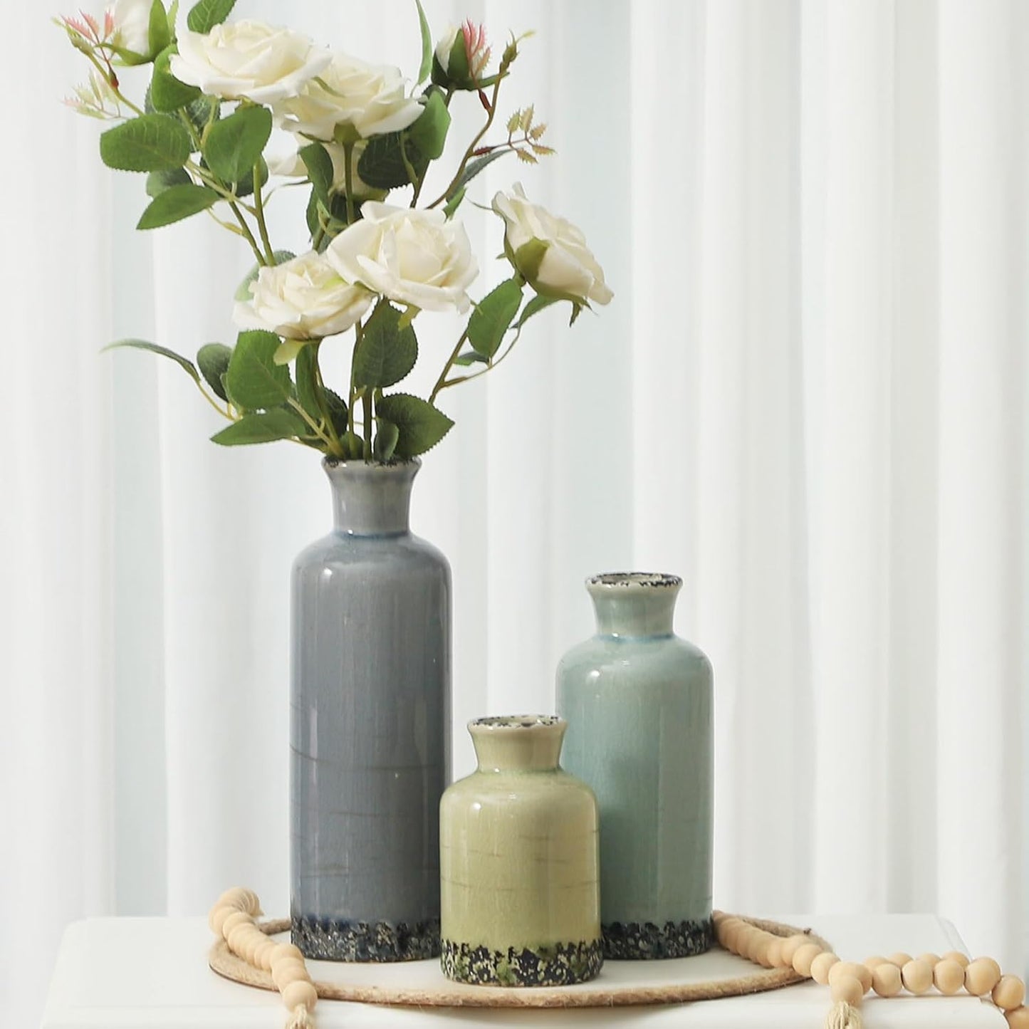 Flower Vase Set of 3, Ceramic Neutral Vases Home Decor, Pottery Rustic Farmhouse Decorative Vases Modern Decor for Table Mantel Entryway Bookshelf Living Room Kitchen Bedroom - Multicolor