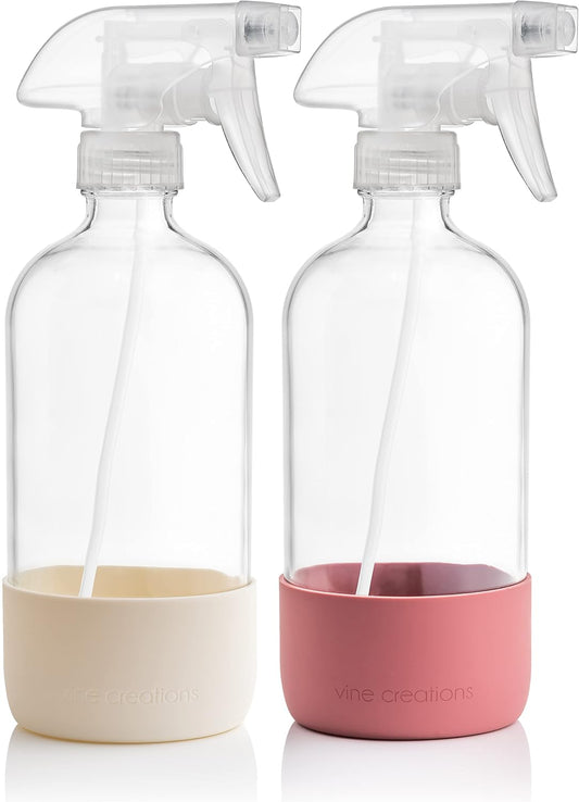 Vine Creations Glass Spray Bottles for Cleaning Solutions, Clear Glass Spray Bottle with Silicone Sleeve, 16 oz Empty Spray Bottles for Cleaning, Plant Spray Bottle, Mist and Stream Nozzle - 2 Pack