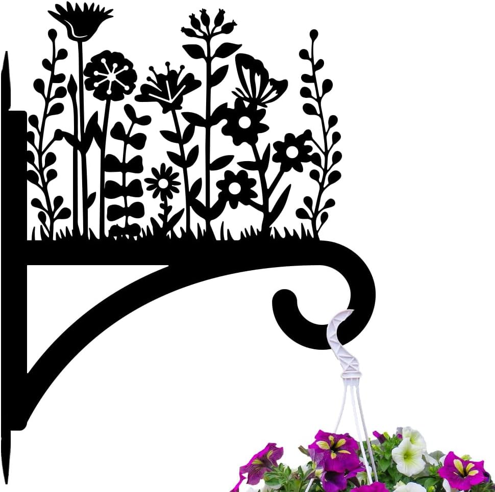 Peacoblue Iron Plant Hangers Hooks for Outdoor Indoor Hanging Plants Flower Fern Pot Lantern Bird Feeder Wind Chimes, 12"x15" Weather Resistant Metal Wall Holder for Porch Garden Farmhouse(Wildflower)
