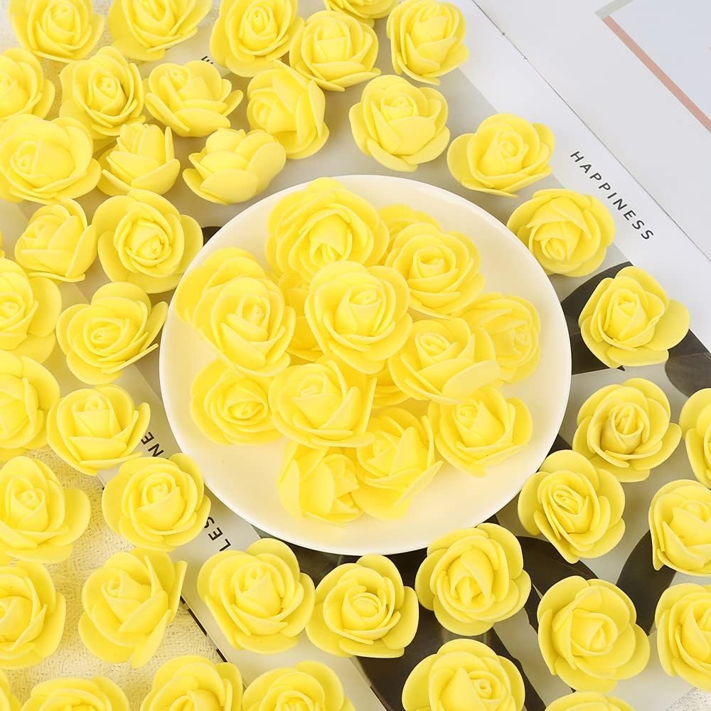 Mini Fake Rose Flower Heads 144pcs Mini Artificial Foam Roses DIY Wedding Flowers Accessories Make Bridal Hair Clips Headbands Dress (Bottom add Gauze) for Valentines Day,Wedding,Bridal (Yellow)