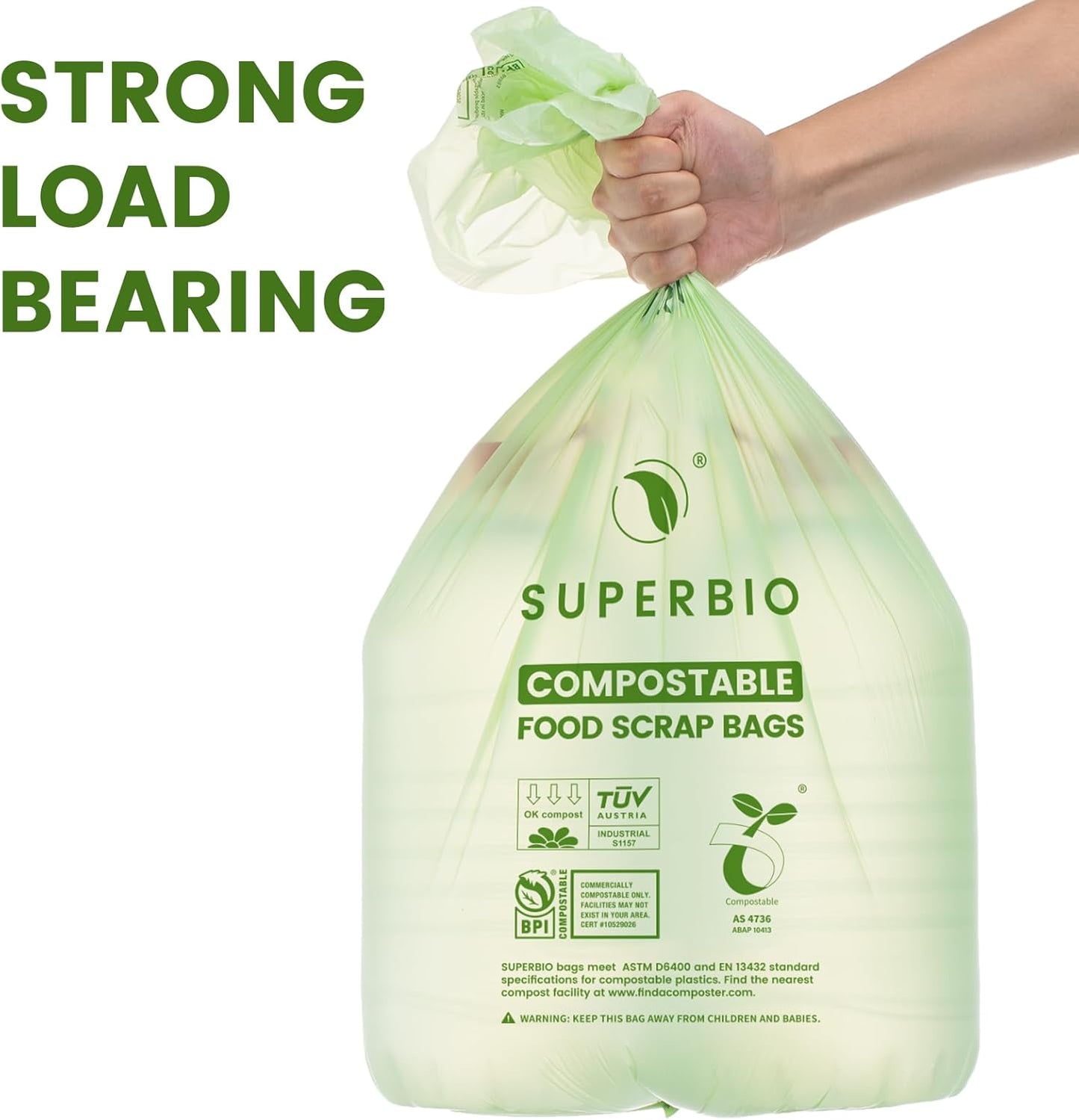 SUPERBIO 13 Gallon Flat Top Compostable Food Waste Bags, 50 Count, 2 Pack, 49.2L, 0.87 Mil, ASTM D6400 BPI and OK compost INDUSTRIAL