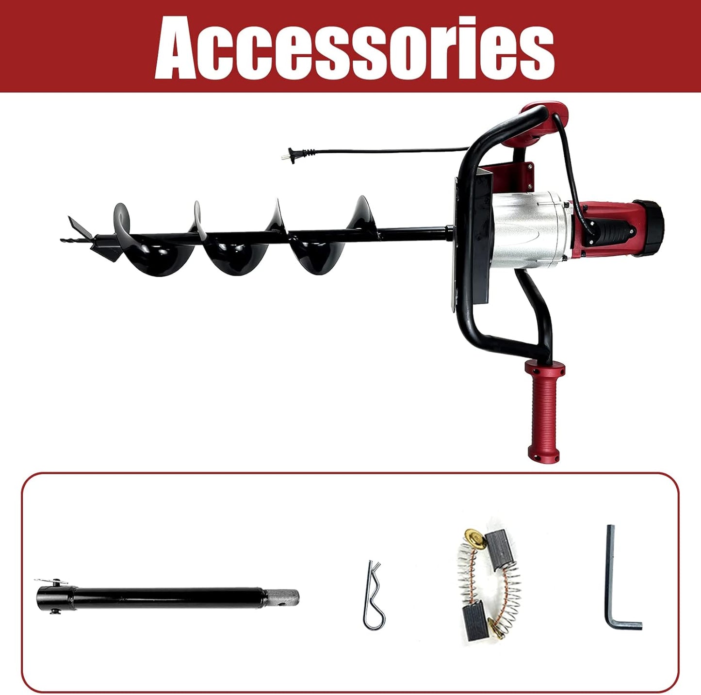 JACKCHEN 1500W Electric Post-Hole Digger with 6-Inch Auger Bit, Earth Auger Drill, Auger Bit Earth Auger, Ideal for Post Hole Digging, Drilling, Tree Planting, Red