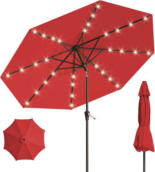 9FT Solar Umbrella 32 LED Lighted Patio Umbrella Table Market Umbrella w/Tilt and Crank, UV-Resistant Outdoor Umbrella for Pool, Garden, Deck, Red