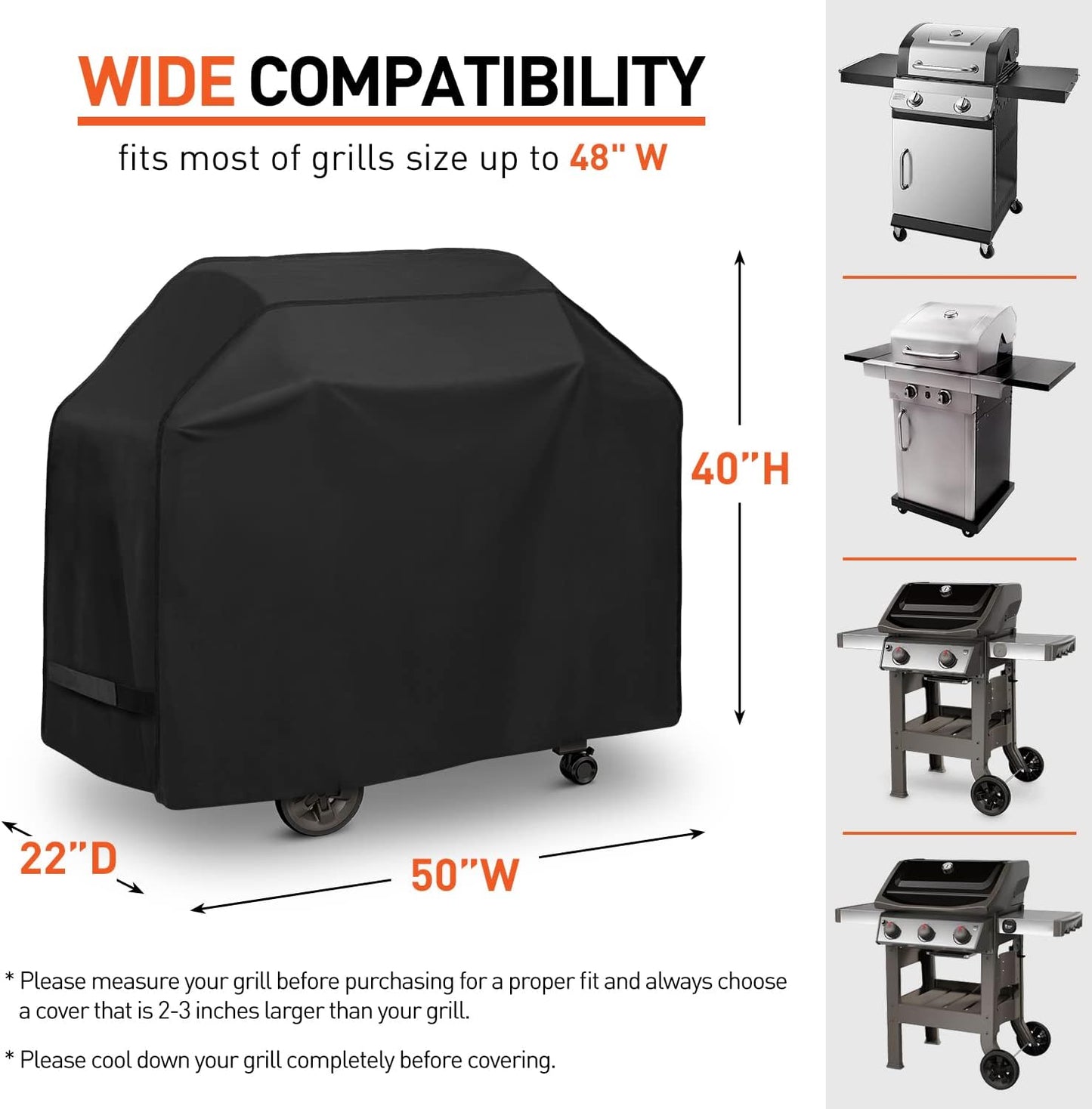 BBQ Grill Cover 50 Inch, Heavy Duty Waterproof Barbecue Cover for Outdoor Grills up to 48 Inch Width, Suitable for Weber, Char Broil, Nexgrill Grills, etc, All Weather Protection, Black