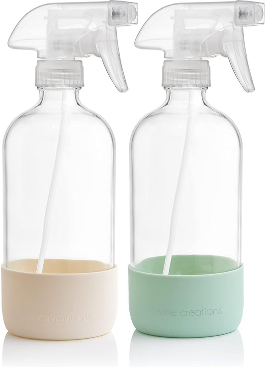 Vine Creations Glass Spray Bottles for Cleaning Solutions, Clear Glass Spray Bottle with Silicone Sleeve, 16 oz Empty Spray Bottles for Cleaning, Plant Spray Bottle, Mist and Stream Nozzle - 2 Pack