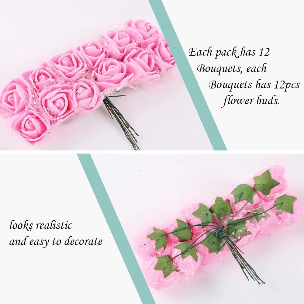 Foam Rose Fake Flowers for Crafts 144 pcs 2 cm Mini Wreaths Artificial Flower Bouquet Multicolor Rose Flower Wedding Scrapbooking Decoration Rose Fake Flower(Light Pink)