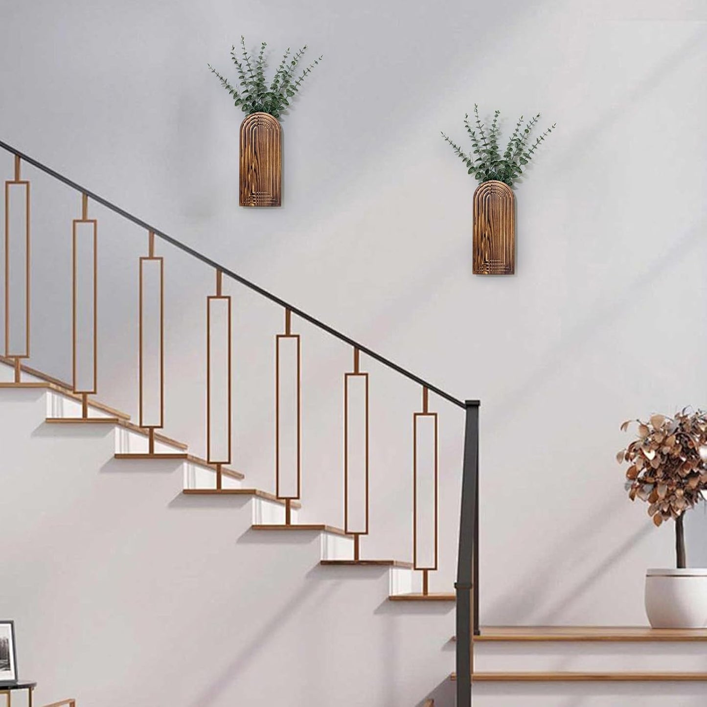 Wooden Wall Planter Vase Set of 2, Boho Hanging Planter for Indoor Plants & Flowers, Natural Wood Wall-Mounted Planters for Art Home Decor - Living Room, Bedroom, Bathroom, Patio (Brown)