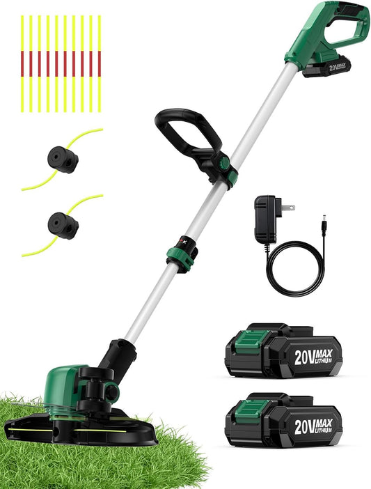 KIMO Cordless Weed Wacker Battery Operated w/ 2 x 2.0Ah Batteries, 2-in-1 String Trimmer & Edger with Charger & Wheels, 10Pcs Cutting Lines, 12" Dual-Sided Cutting Line, 20V Weed Trimmer for Lawn Yard